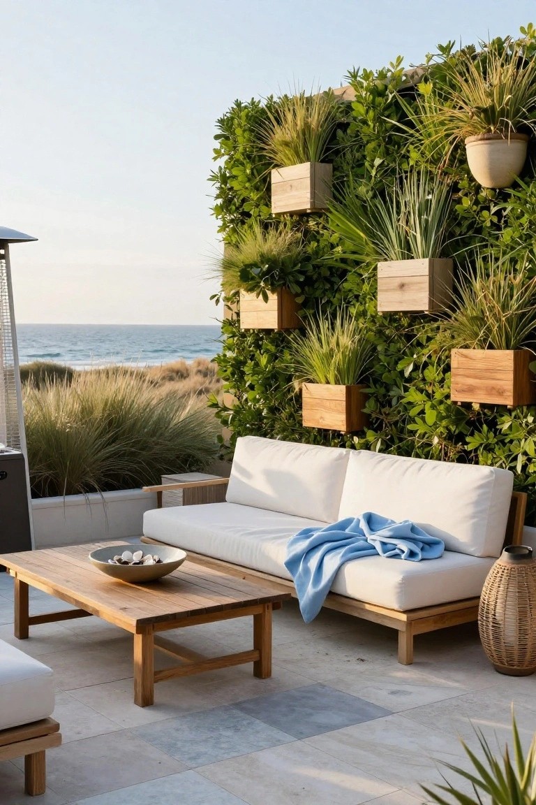 An outdoor patio features a white sofa and wooden coffee table positioned in front of a tall green living wall with plants growing in mounted wooden boxes.