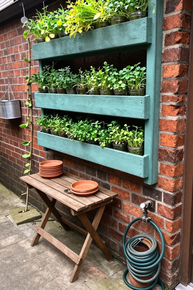 Three tiers of teal wooden shelves mounted on a brick wall hold rows of small potted plants, with a wooden bench and coiled hose below.