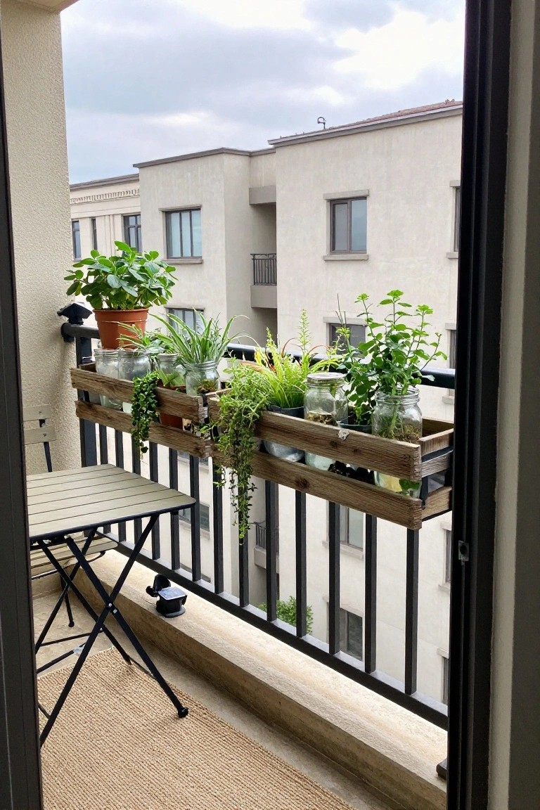 A wooden pallet planter holding glass jars and potted plants is mounted on a black balcony railing with buildings visible beyond.