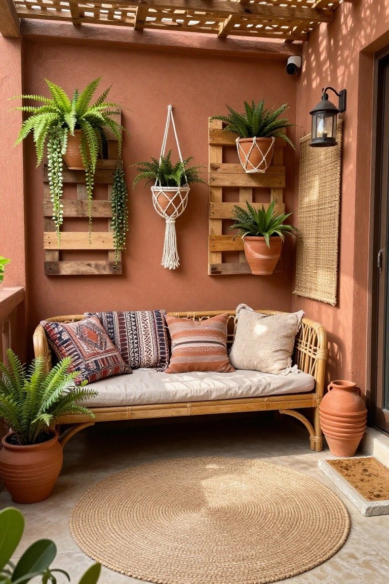 Terracotta patio with bamboo sofa, macrame plants, wooden pallet shelves, and woven rug
