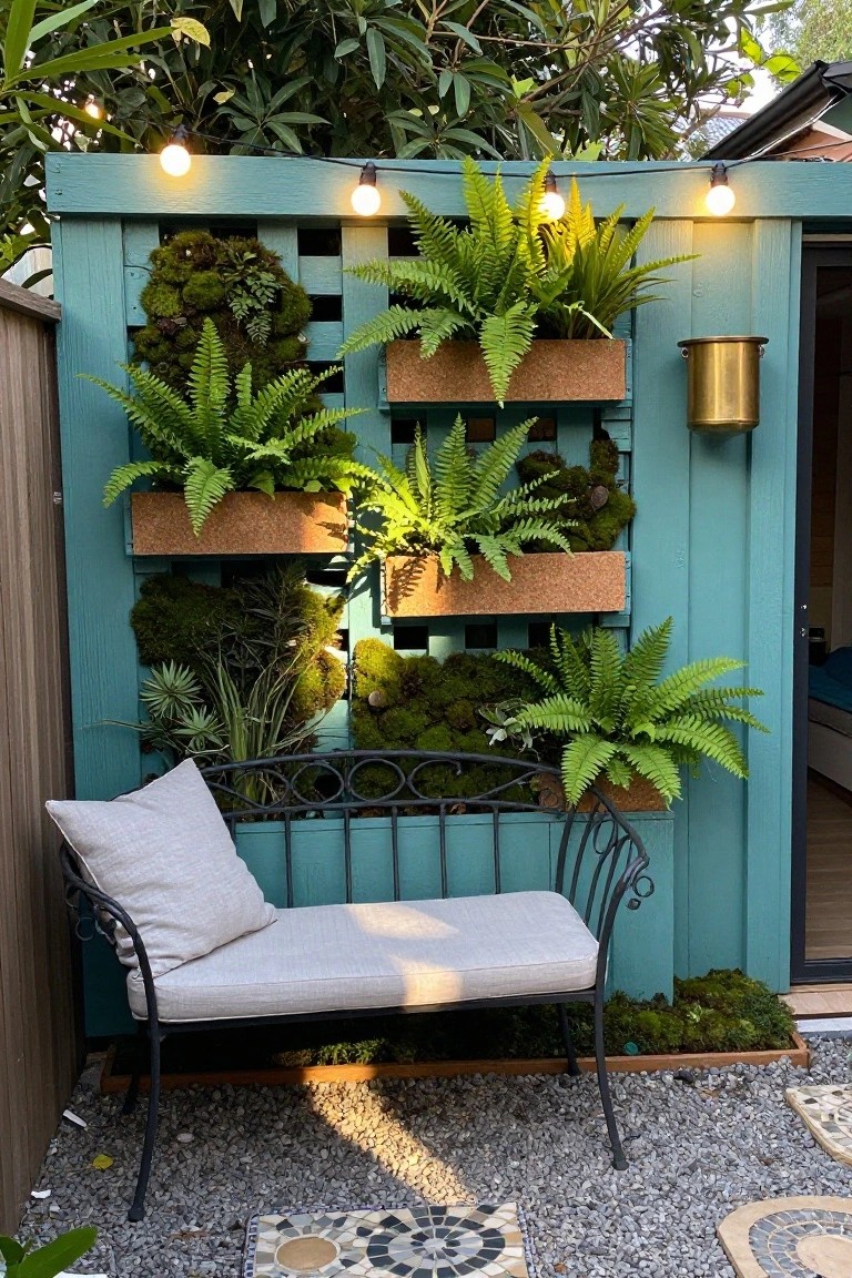 A teal wooden wall with multiple rectangular cork planters holding ferns and moss in a vertical arrangement, a black metal bench with cushion in front on a gravel surface.