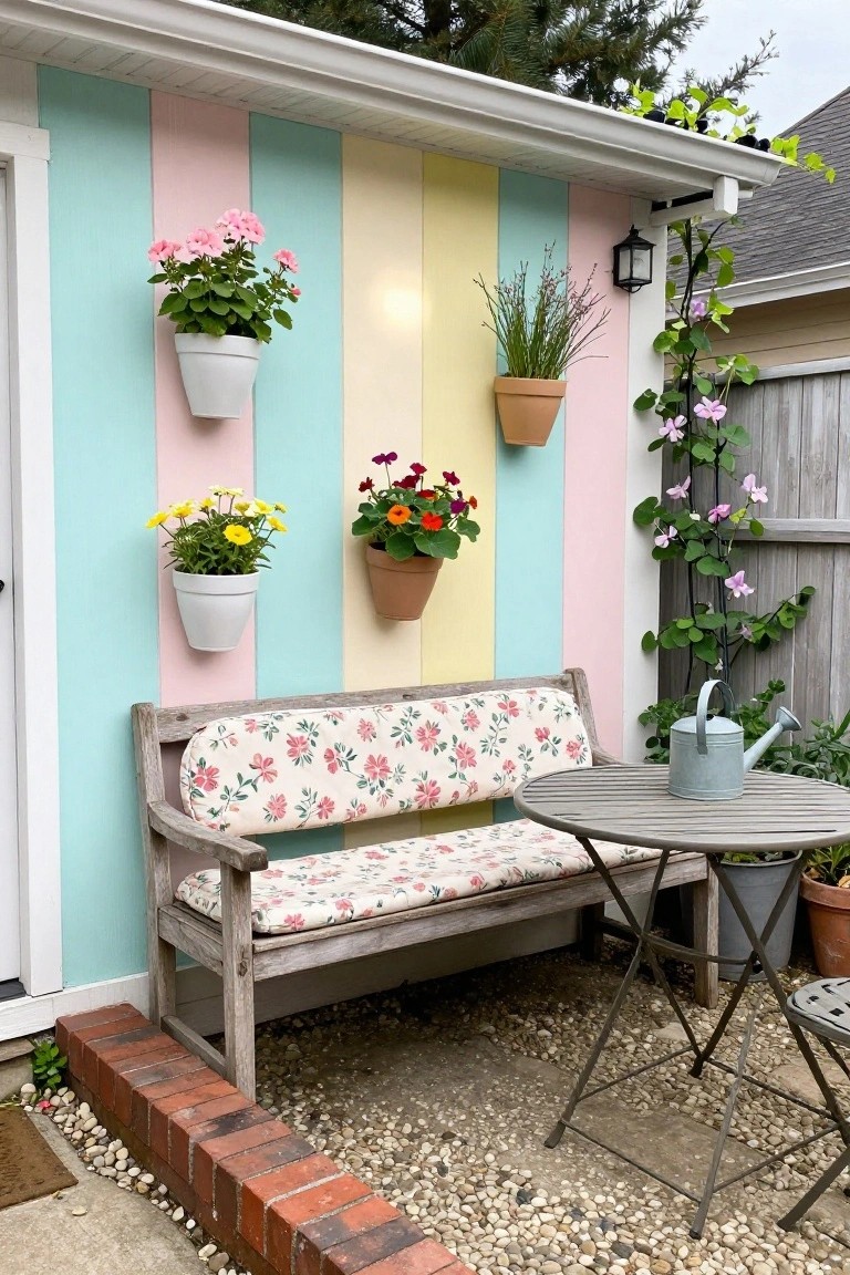 A patio with a wooden bench and metal table in front of a wall painted in vertical pastel stripes, with multiple potted plants mounted at different heights.