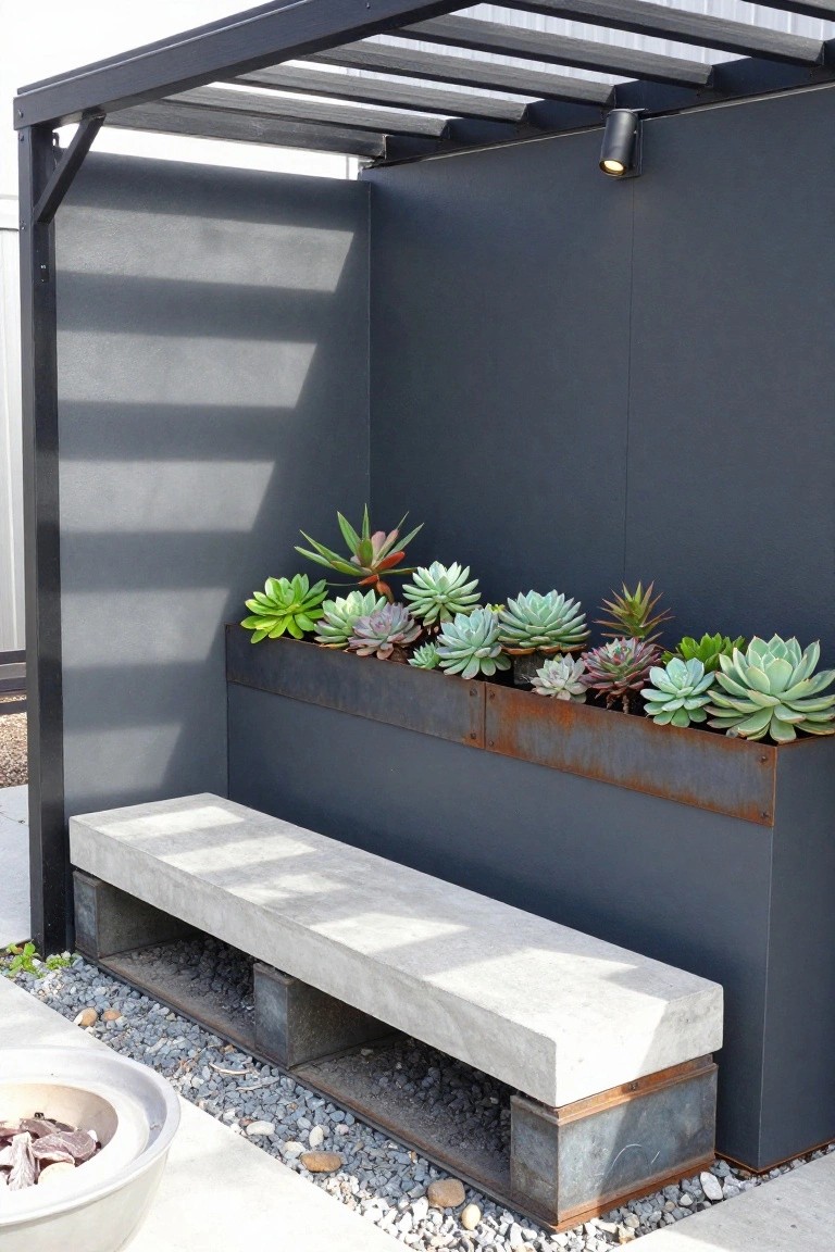 Concrete bench beneath rusted metal succulent planter on dark gray wall with gravel