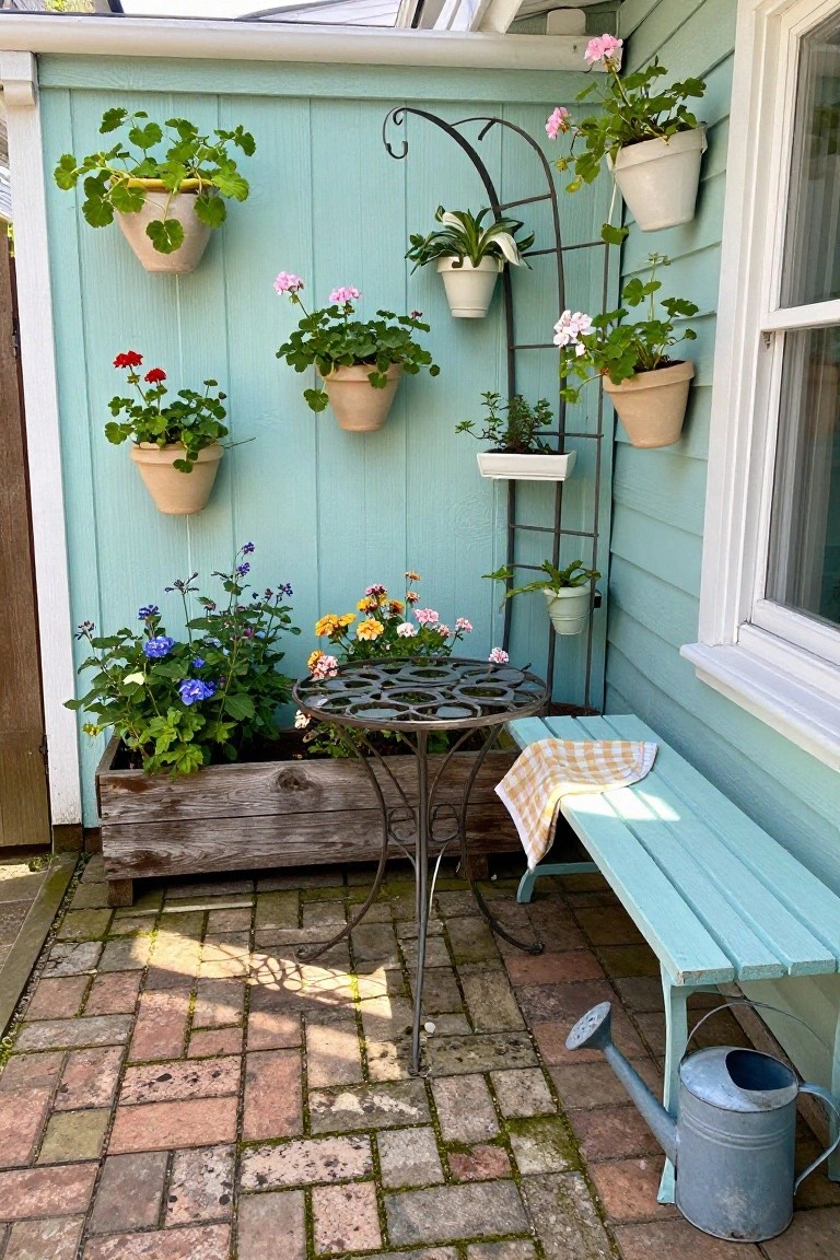 A patio with multiple wall-mounted pots and a metal trellis holding plants along a light blue wooden wall, next to a bench and small table on brick pavers.
