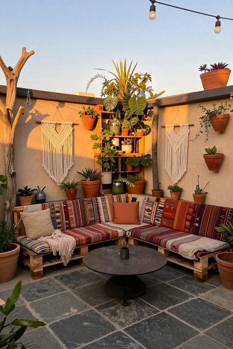 An outdoor patio with L-shaped pallet seating, a central round table, and walls featuring mounted wooden shelves filled with potted plants along with hanging pots and macrame hangers.