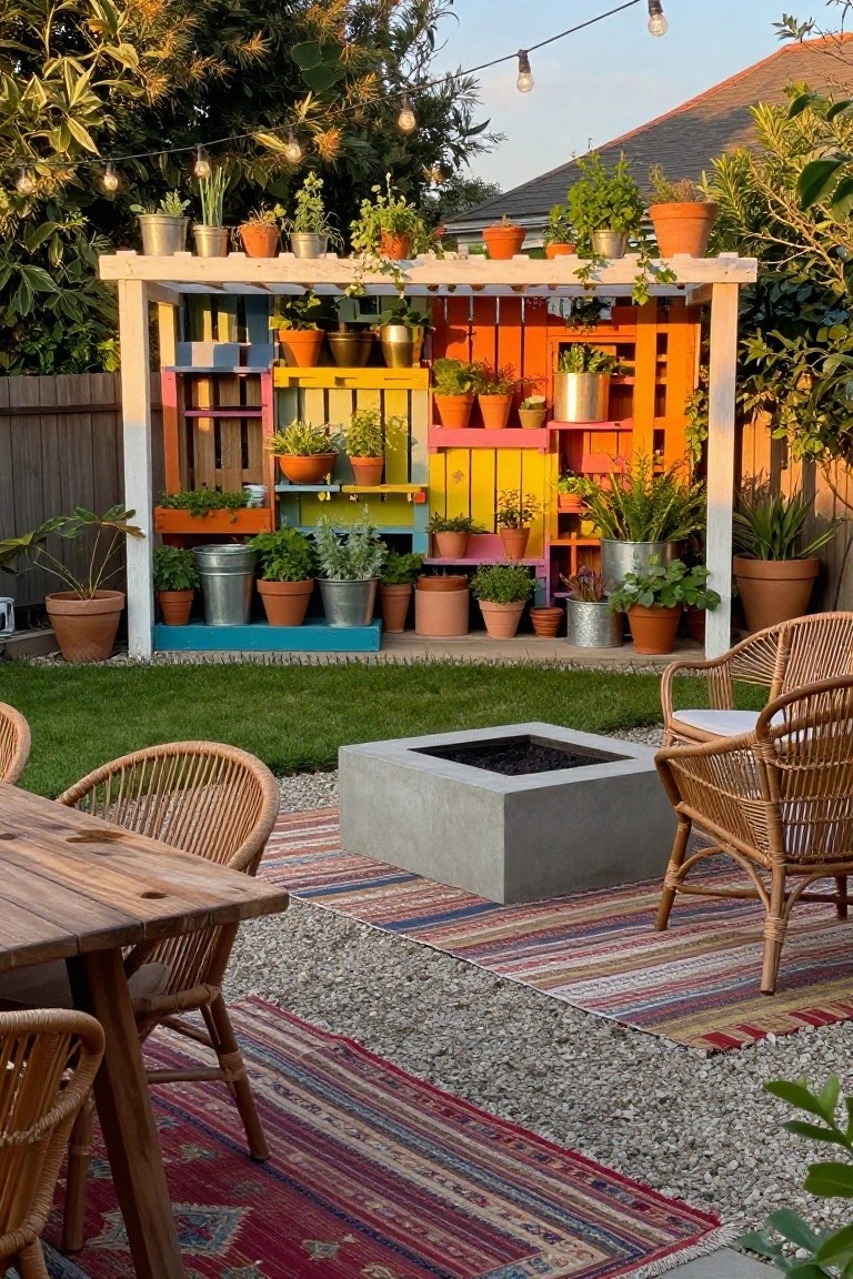 Colorful crate garden with potted plants beside concrete fire pit and wicker chairs