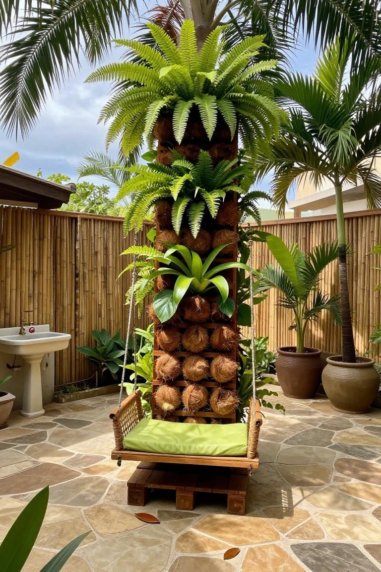 A tall wooden vertical garden structure made from stacked frames holds ferns and other plants in coconut shells, with a swing seat hanging from chains on a stone patio.