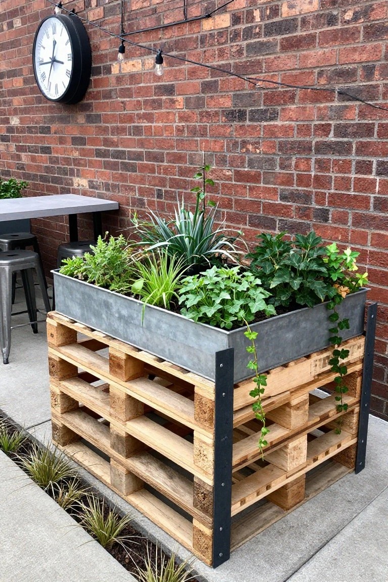 Wooden pallet holding a long metal planter box filled with assorted green plants, some trailing down the sides, placed on a concrete patio against a brick wall.