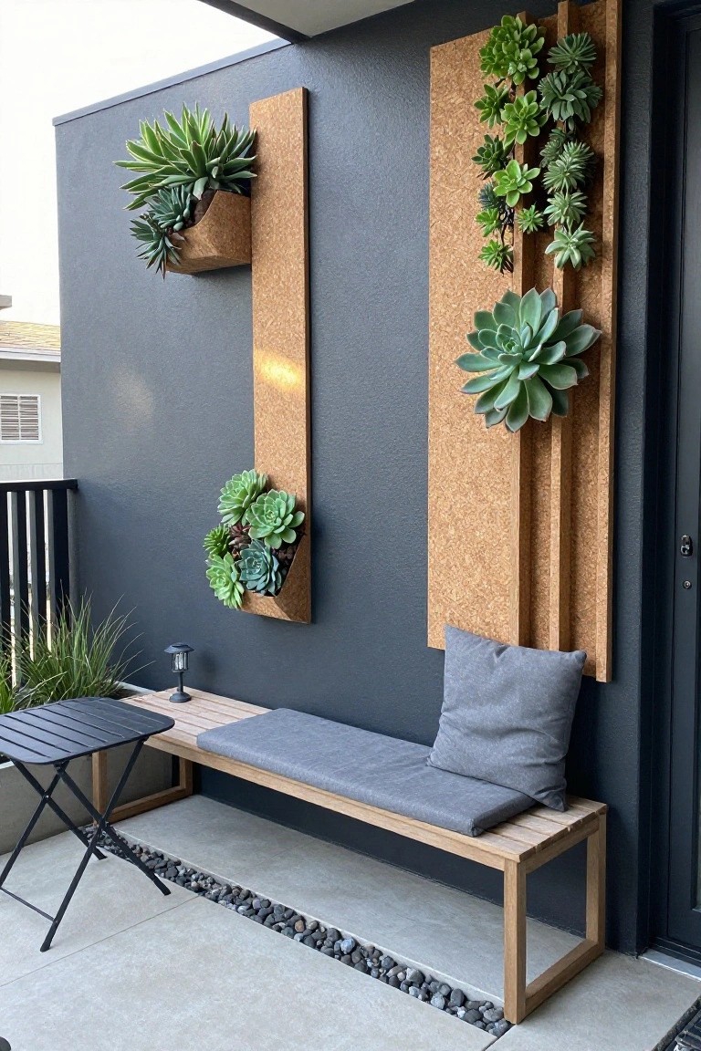 A small patio features a wooden bench with gray cushions against a dark wall, with multiple vertical succulent planters mounted on cork boards above it and a small black table nearby.