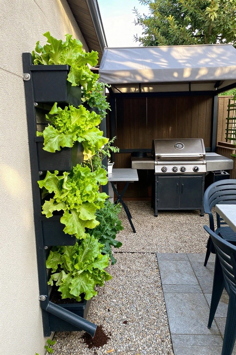 A patio with a vertical stack of black wall-mounted planters growing leafy greens next to a stainless steel grill and outdoor seating.