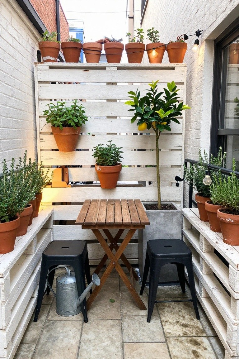 A compact outdoor patio with white-painted wooden pallets mounted on brick walls holding rows of terracotta plant pots, a small wooden table, and two black stools.