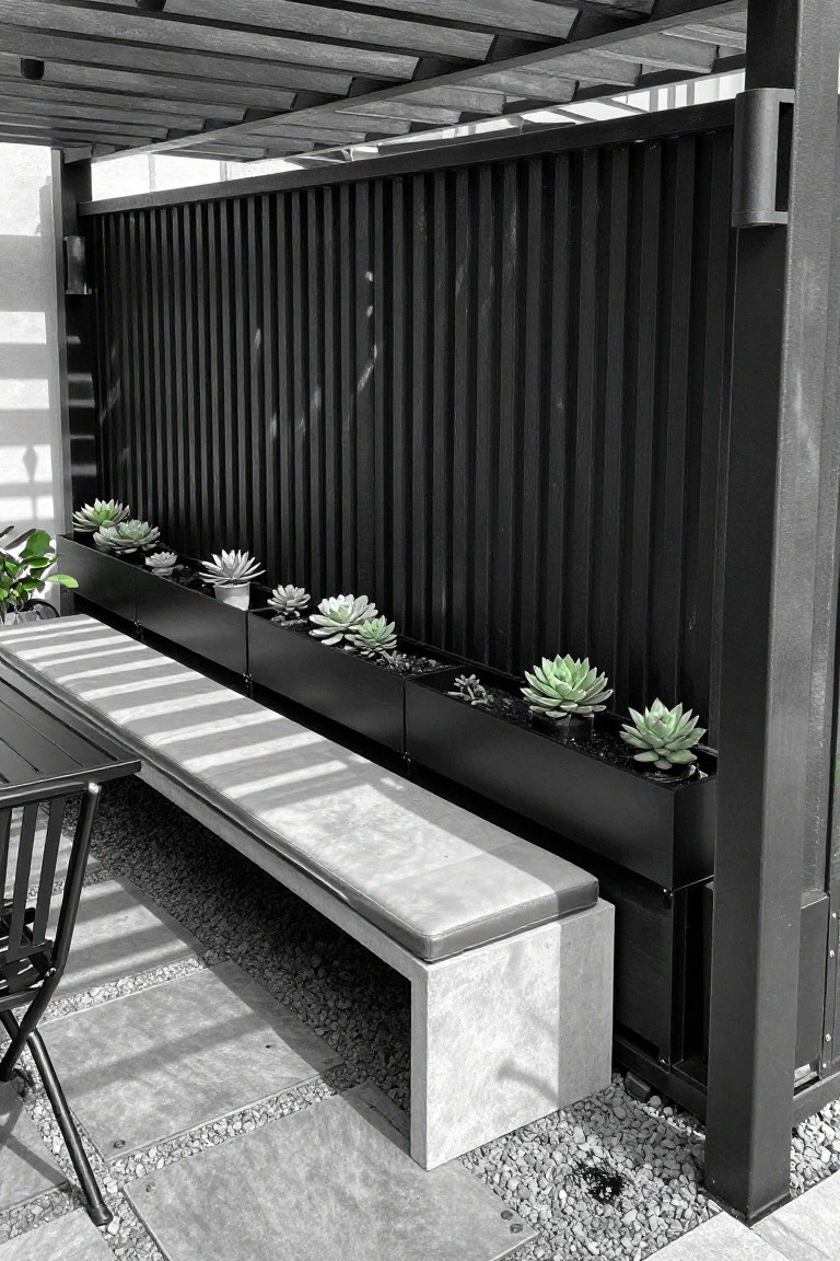 A patio scene shows a concrete bench next to a row of black rectangular planters mounted on a dark vertical slatted wall, holding several succulents above gravel and stone paving.