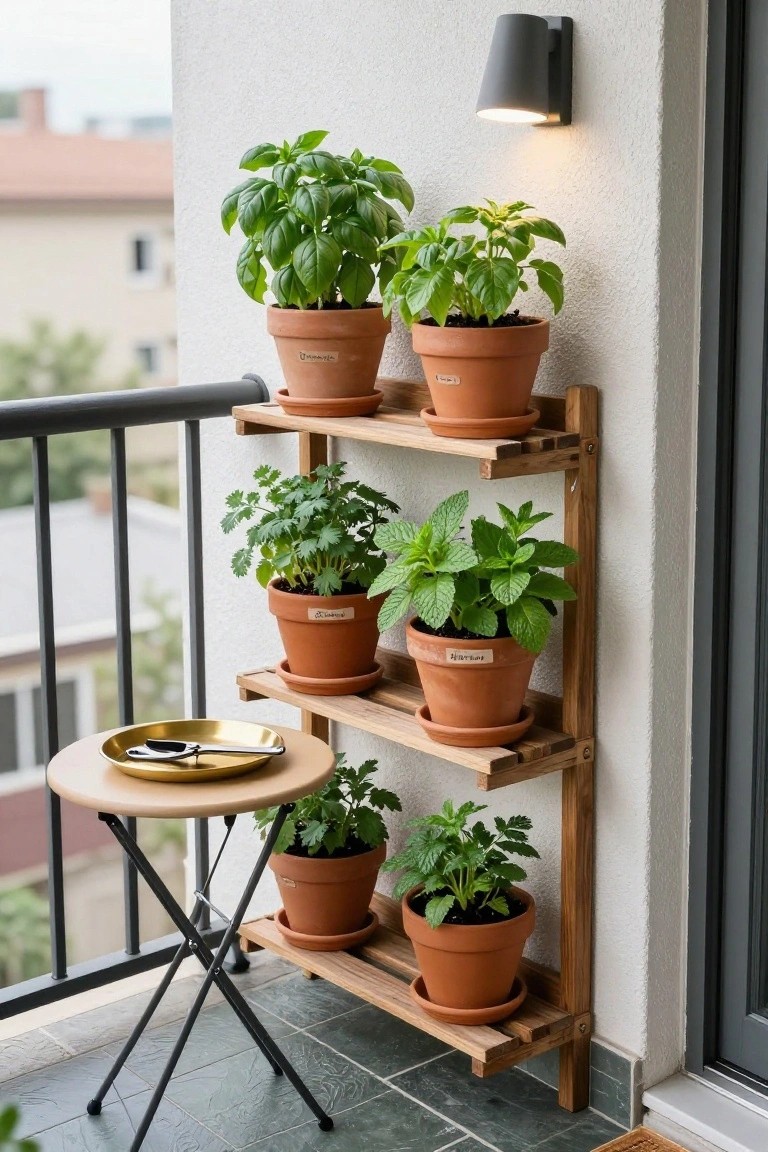 A wooden multi-tiered wall shelf on a balcony holds several terracotta pots filled with herb plants.