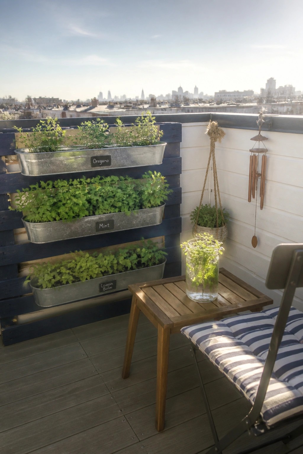 A wooden pallet mounted on a balcony wall holds three metal troughs planted with labeled herbs, next to a small wooden table and striped chair.