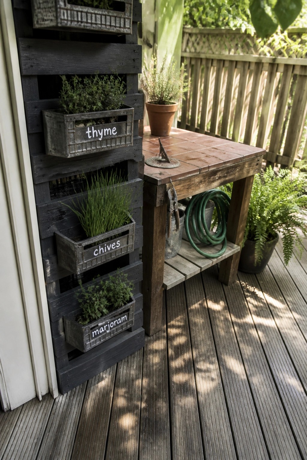 A dark wooden pallet mounted on a deck wall holds several labeled crates with growing herbs next to a wooden table.