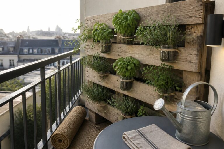 Rustic wooden pallet with mason jars of fresh green herbs on sunny balcony