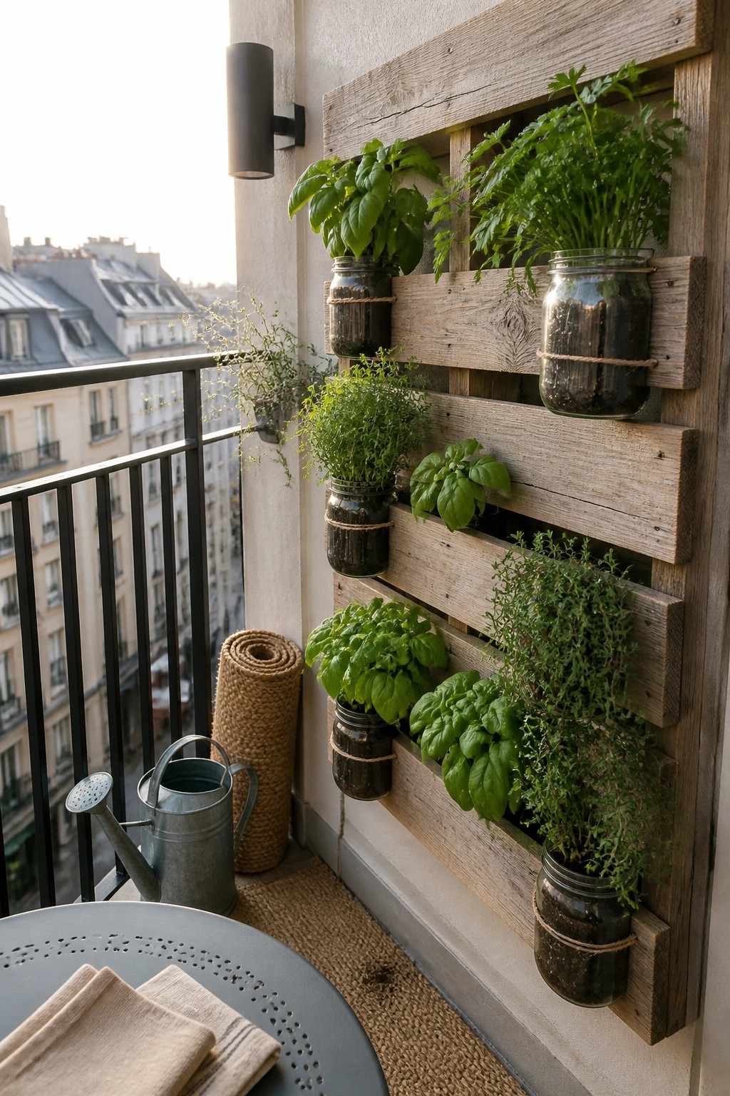 Rustic wooden pallet with mason jars of fresh green herbs on sunny balcony