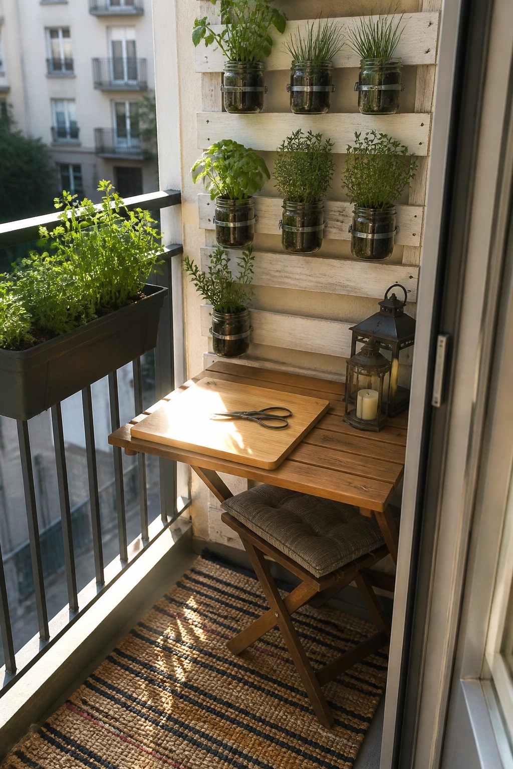 A wooden pallet mounted on a balcony wall holds glass jars with various herbs, next to a small wooden table and stool on a woven rug.