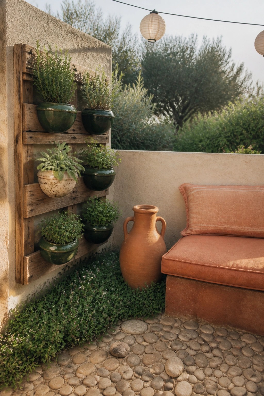 Rustic patio with vertical herb garden on pallet, orange bench, terracotta vase, pebble floor.