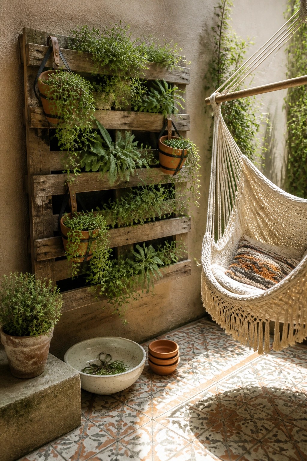 Pallet vertical garden with potted herbs beside fringed macrame hammock on tiled floor.