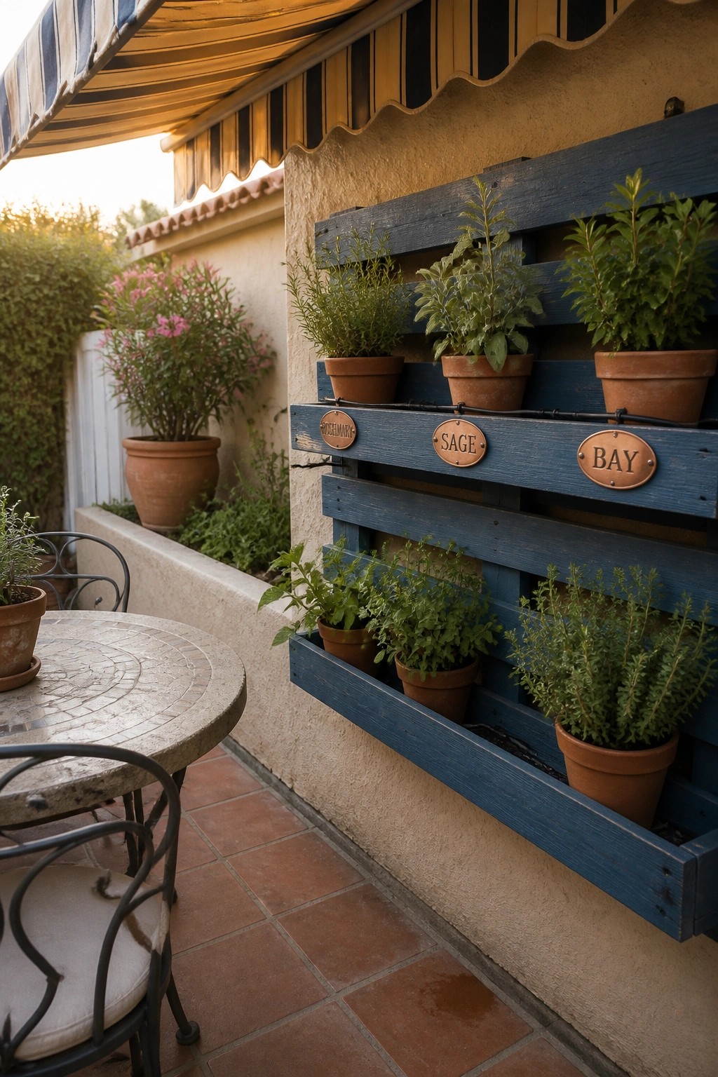 Blue wooden pallet planter with labeled rosemary, sage, and bay herb pots.