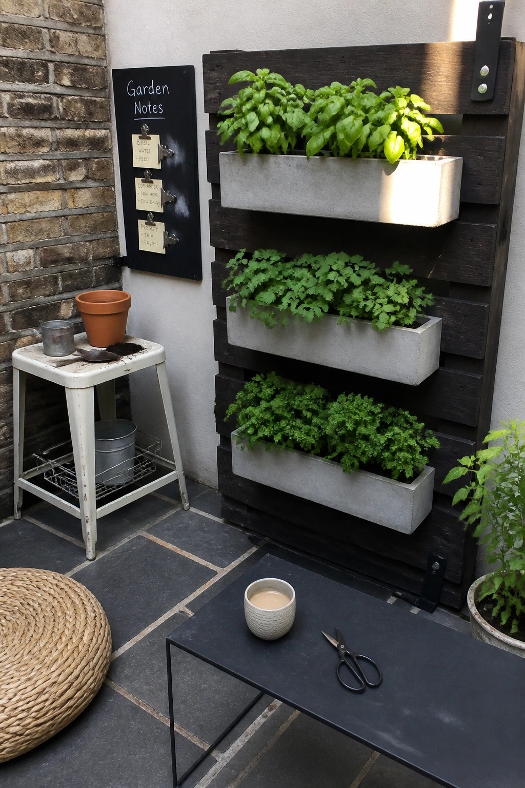 A dark wooden pallet mounted on an outdoor wall holds three concrete trough planters filled with green herbs, next to a chalkboard with garden notes.