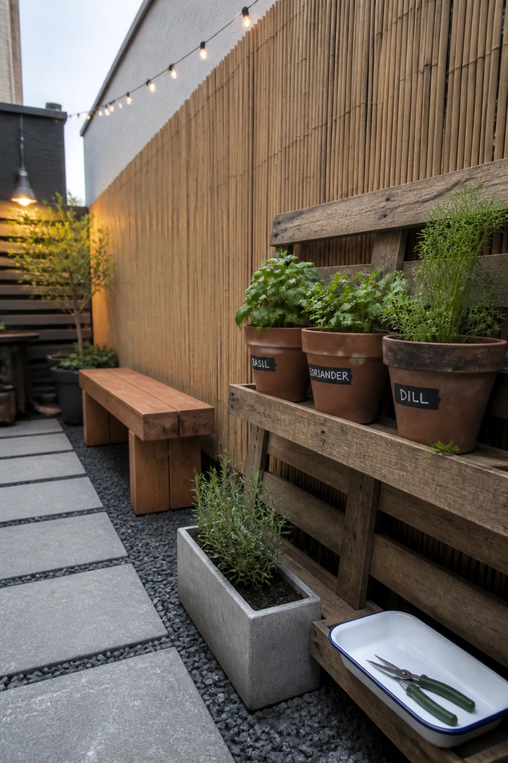 A wooden pallet mounted on a bamboo fence holds three terracotta herb pots, with a concrete planter and gravel path visible below.