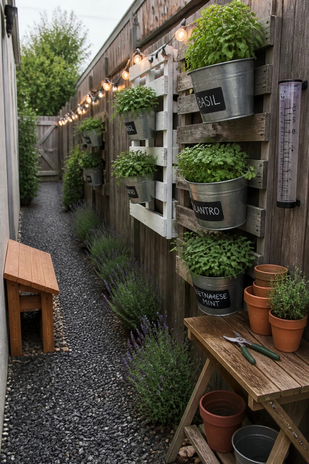 Wooden pallets mounted on a fence hold metal buckets labeled with herbs along a gravel path next to a small wooden table and bench.