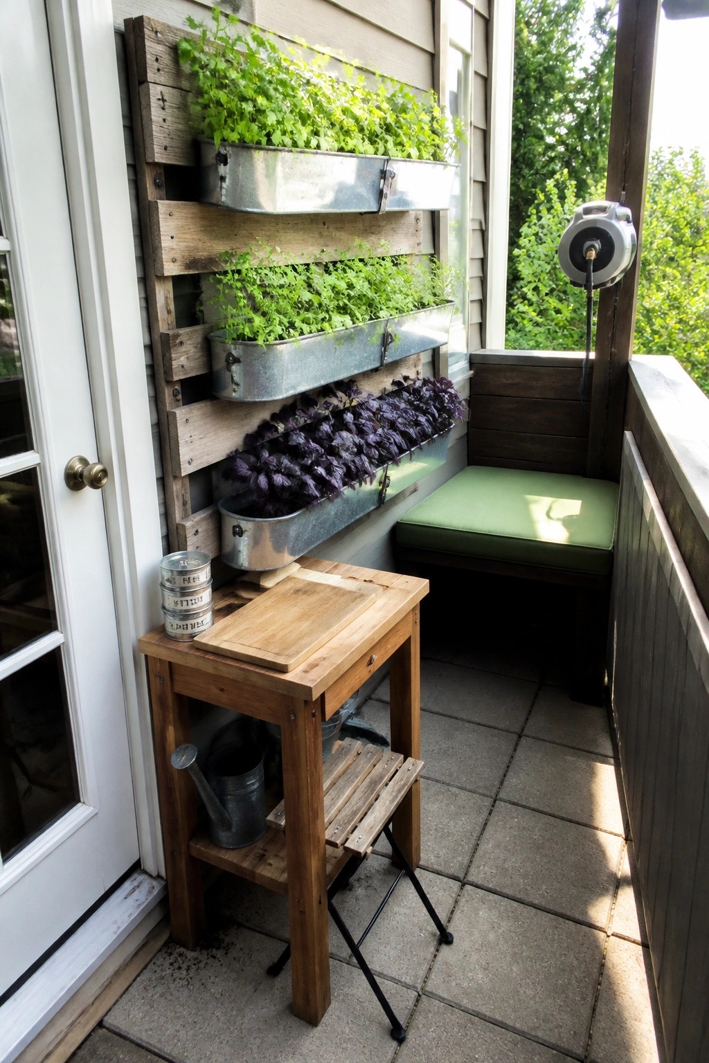 A wooden pallet mounted on an exterior wall holds three metal troughs with green and purple herbs on a balcony next to a wooden bench and small table.