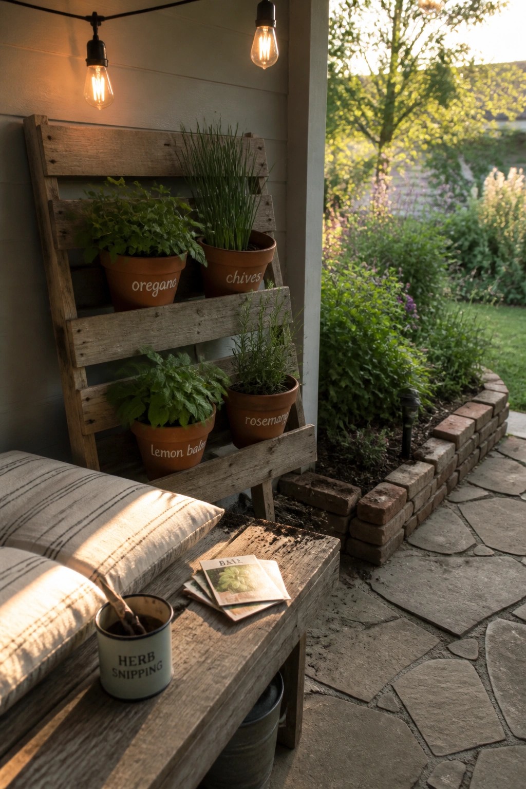 A wooden pallet with four labeled herb pots stands against a wall beside a wooden bench on a stone patio.