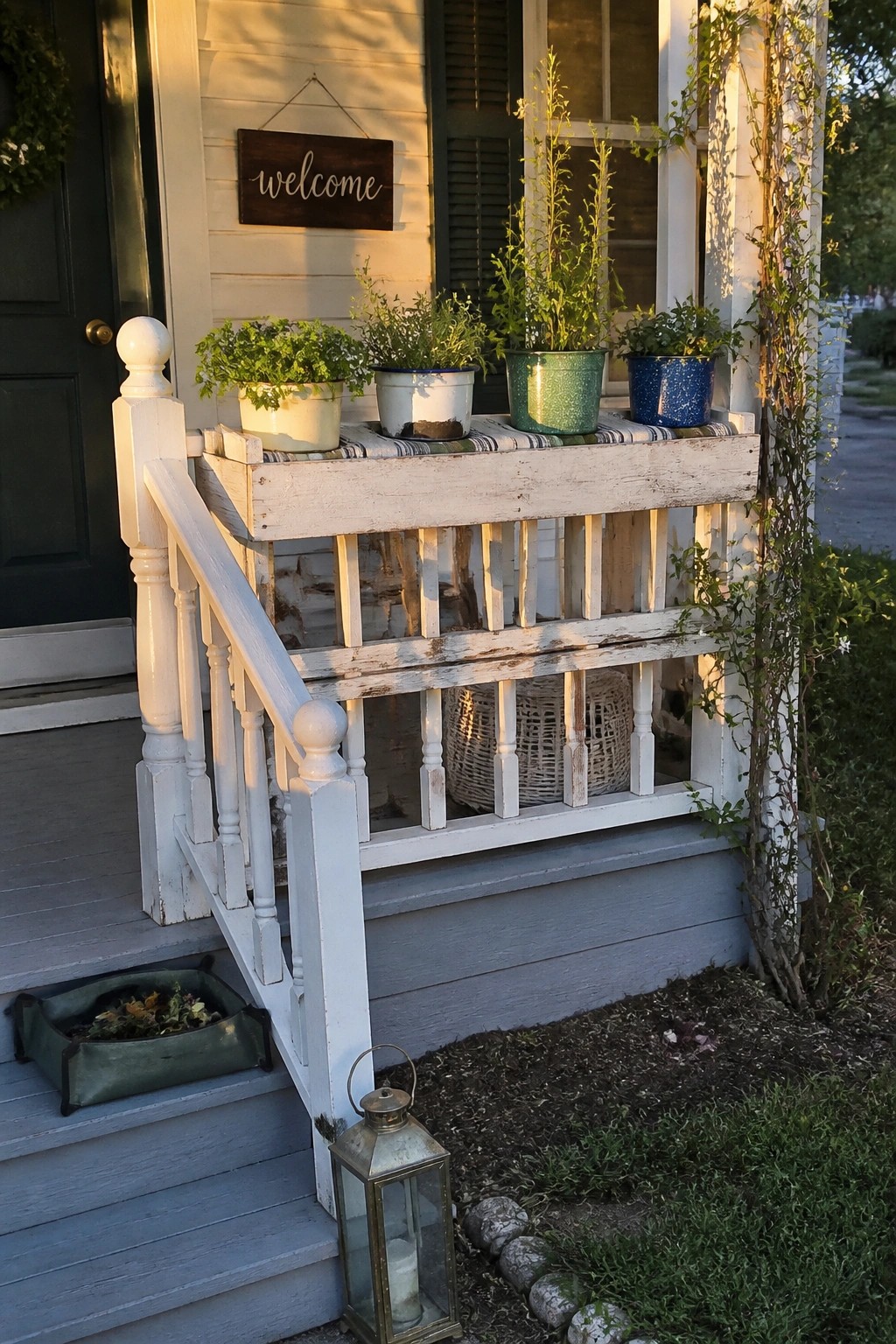 A white wooden porch railing with a reclaimed wood shelf holding four potted herb plants, next to a dark green door and gray steps.
