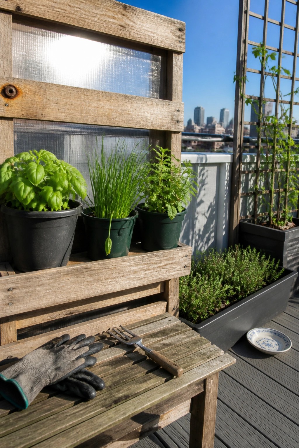 Wooden rack with basil and herb pots, gloves and fork on sunny rooftop deck