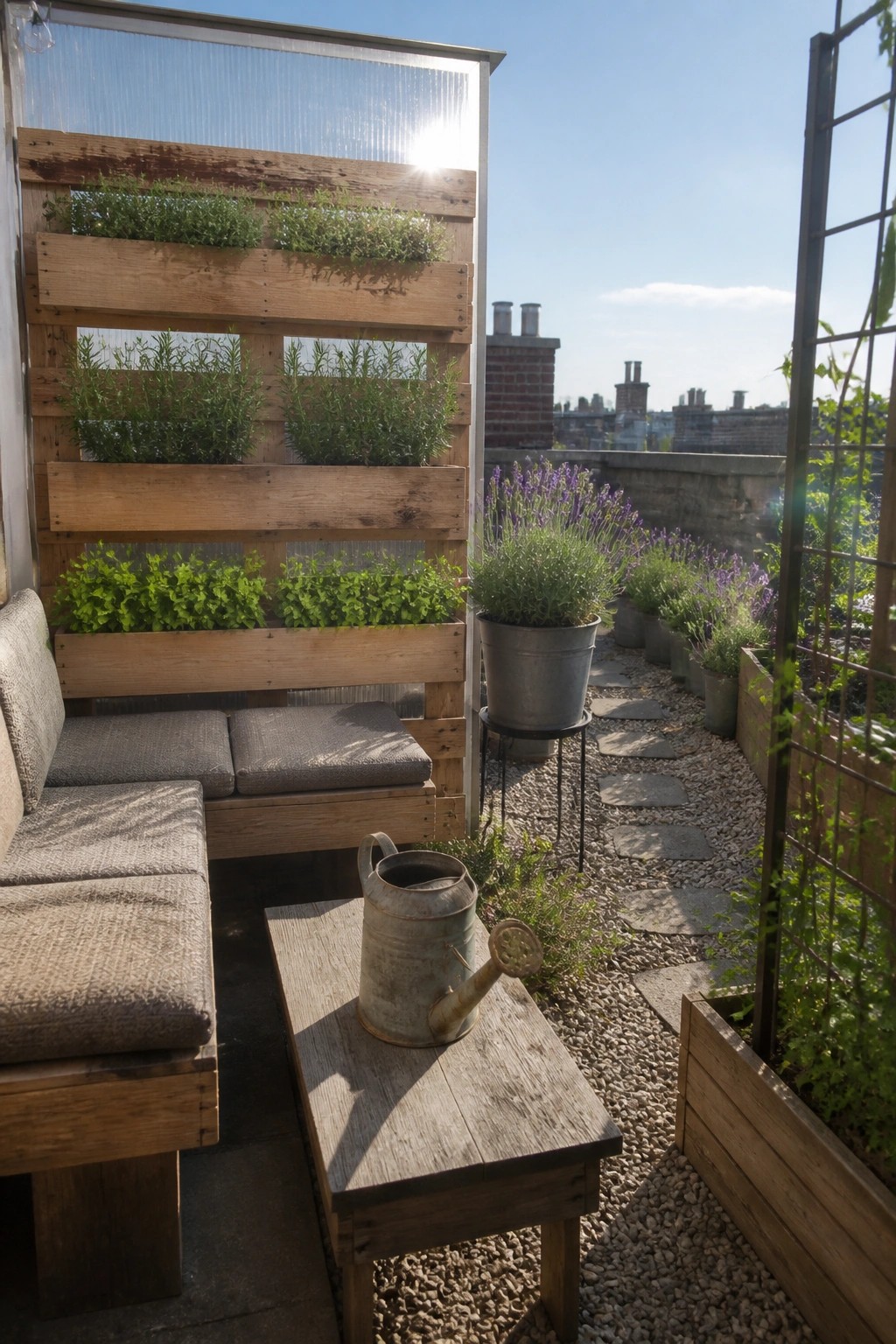A wooden pallet structure mounted on a wall holds multiple rows of herb plants beside a cushioned bench on a gravel terrace.