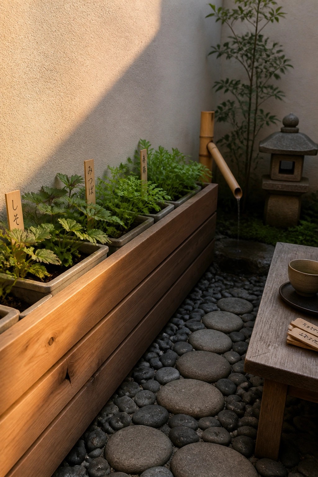 Japanese garden with labeled herb planters, bamboo water spout, stone lantern, and tea table.
