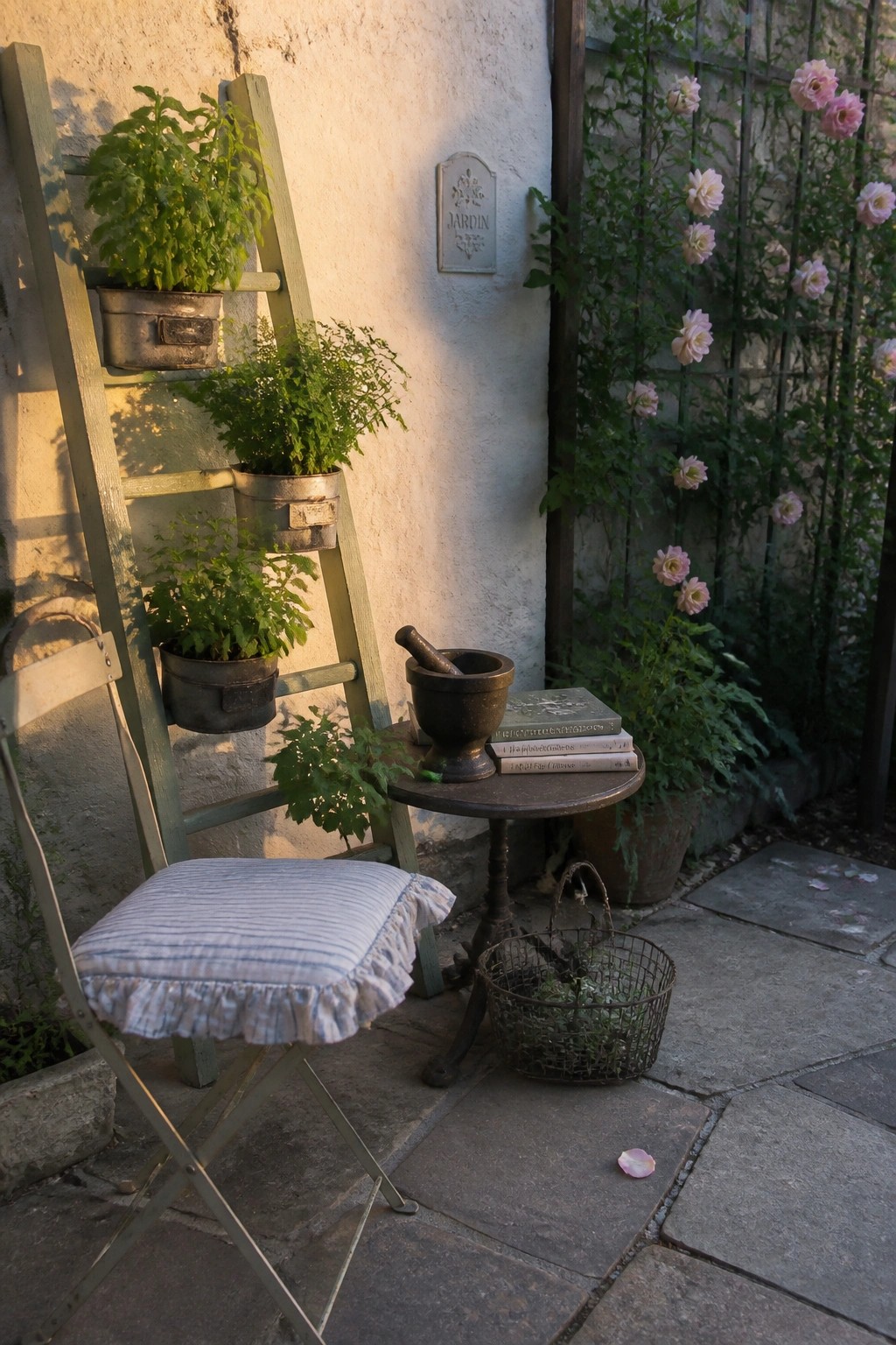 Rustic garden with green ladder plant stand, striped chair, mortar and books on table.