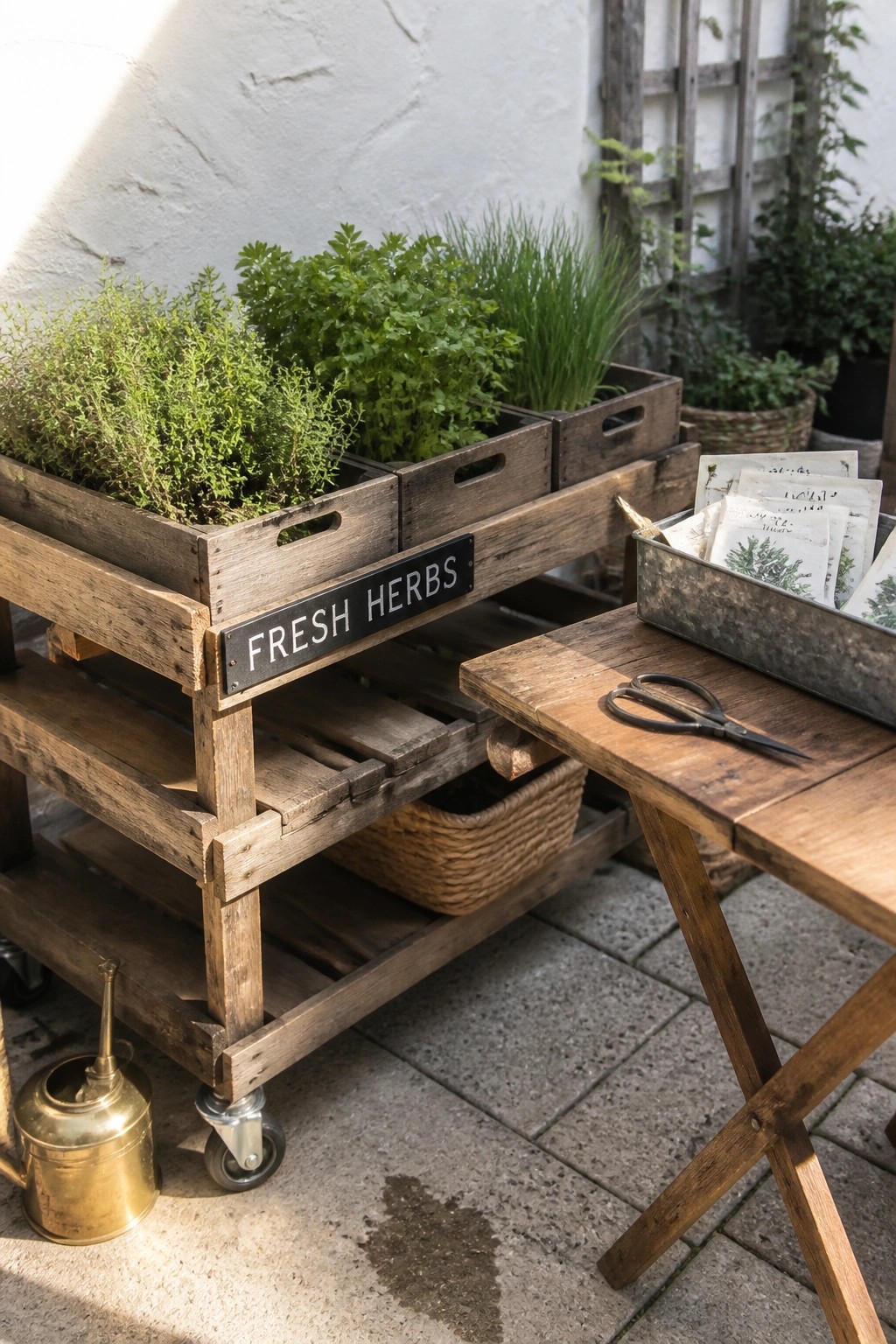 Wooden cart with fresh green herb crates, sign, watering can, and seed packets on patio