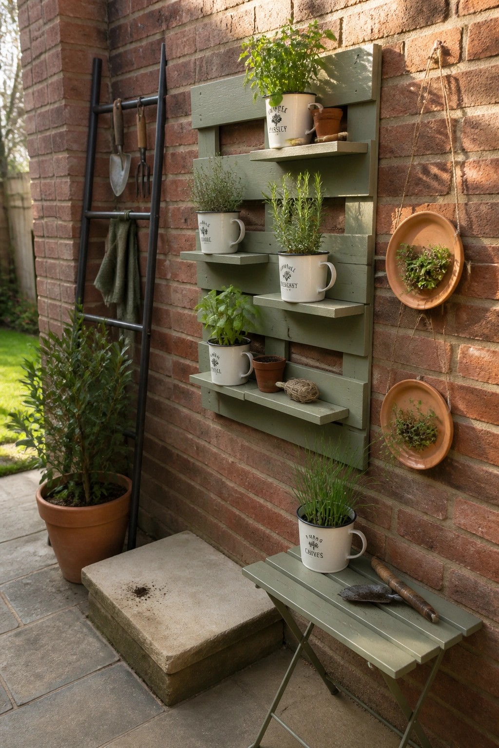Green pallet shelves with herb pots on brick wall beside black ladder and tools