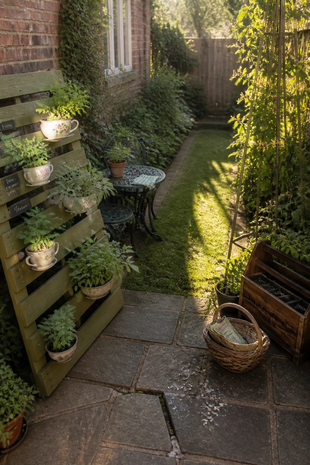 A green wooden pallet mounted on a brick wall holds multiple herb plants in teacup-style pots, with a stone path and garden basket visible nearby.