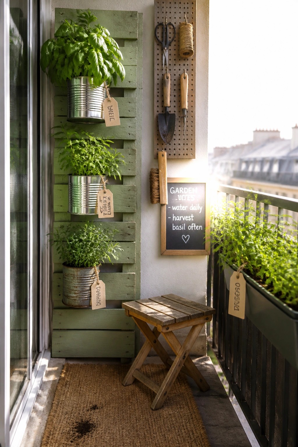 A green painted wooden pallet is mounted vertically on a balcony wall and holds three metal cans planted with herbs, with a pegboard of tools nearby and a small wooden stool on a woven mat.