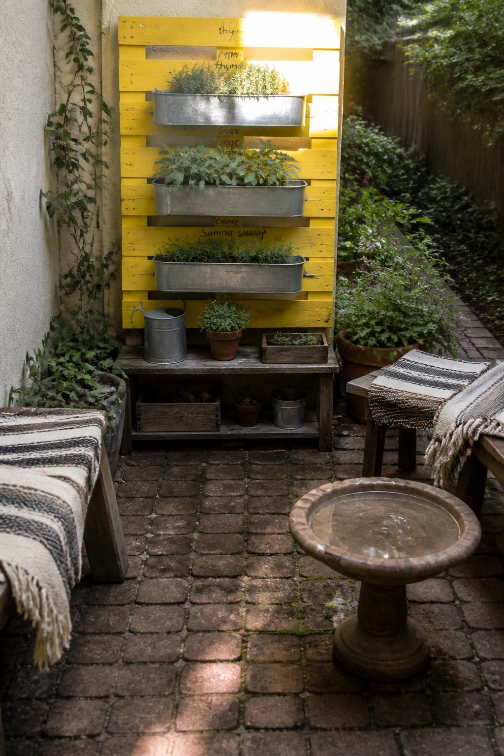 A yellow painted wooden pallet mounted vertically on an outdoor wall holds three metal trough planters filled with herbs, next to a paved garden area with a birdbath and benches.