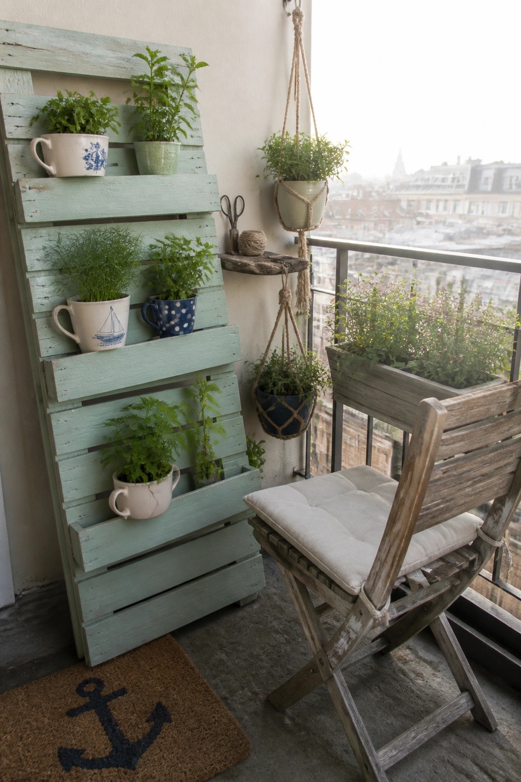 A light green wooden pallet repurposed as a vertical herb planter on a balcony, with herbs growing in various mugs and pots beside a wooden chair.