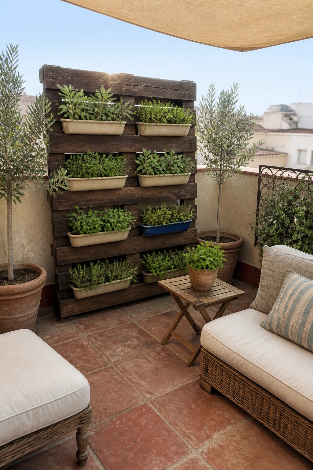 Balcony with vertical wooden pallet herb garden, wicker sofa, and potted plants.