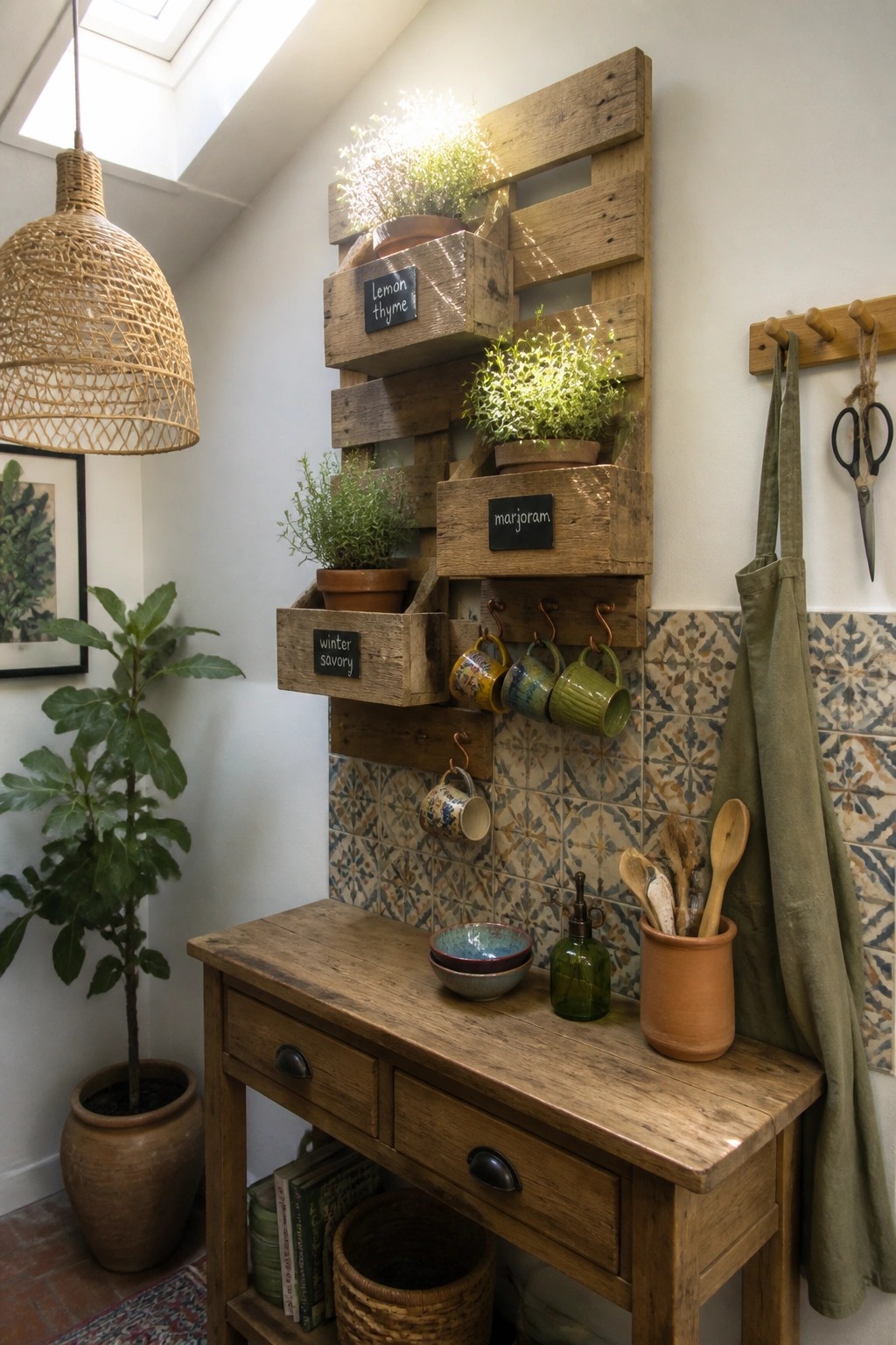A wooden pallet mounted vertically on an indoor wall holds potted herbs in attached crates with chalkboard labels, positioned above a wooden table.