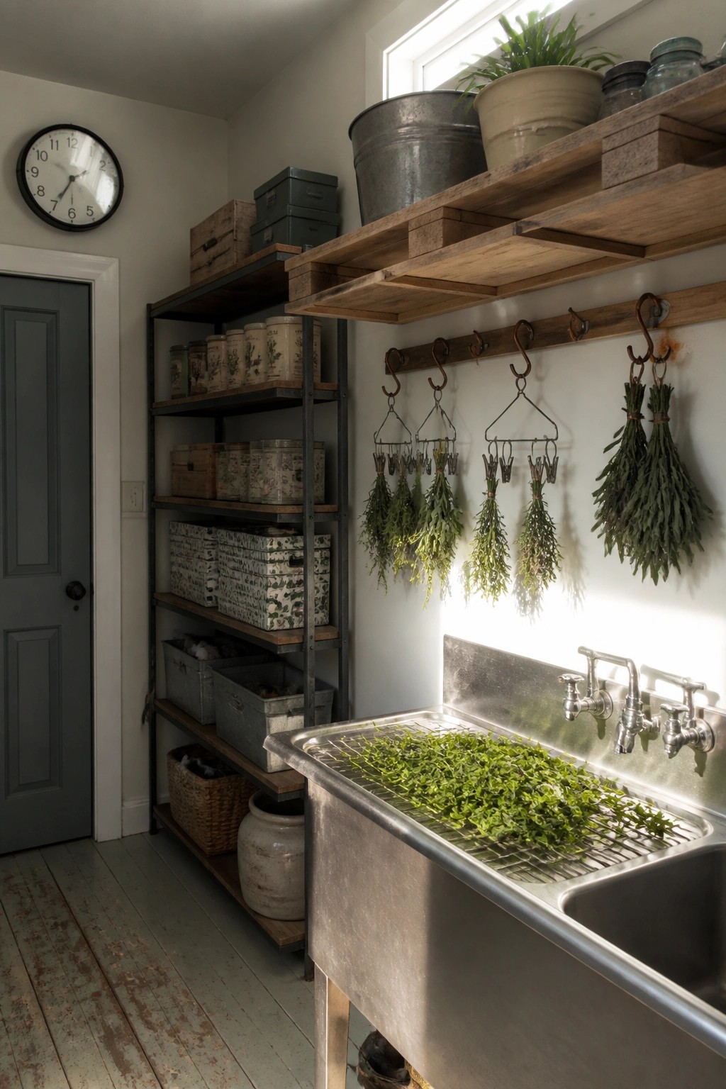 A stainless steel sink holds a wire rack filled with fresh green herbs, with more bunches hanging from hooks on the wall beside open wooden shelves.