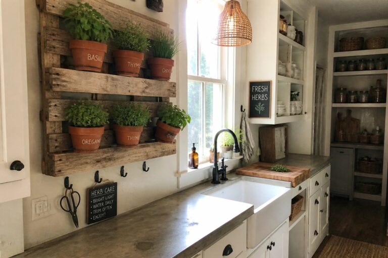 24 Practical Pallet Herb Planter Ideas for Growing Kitchen Herbs Rustic kitchen with white farmhouse sink, concrete counters, and wooden herb pallet.