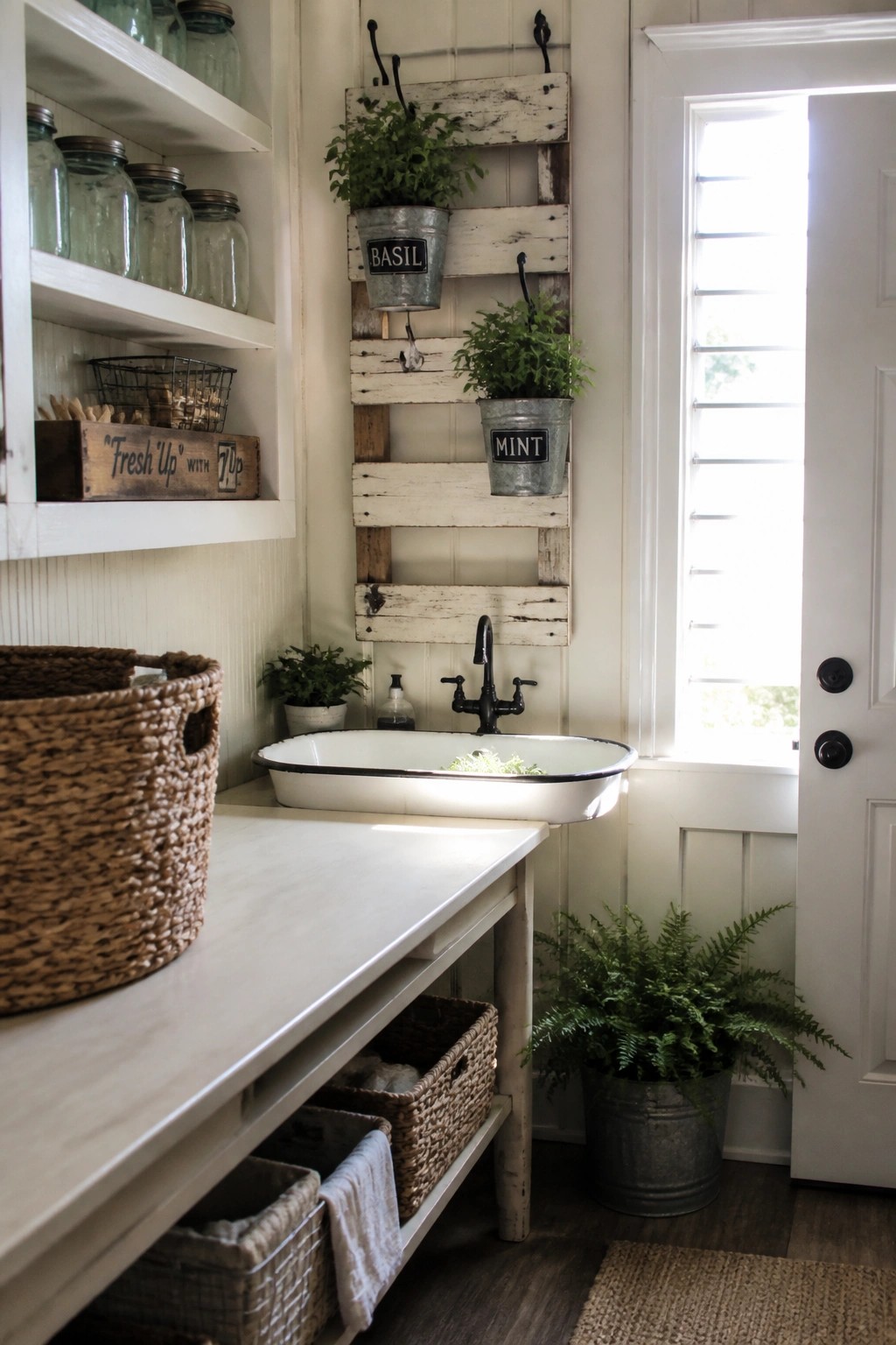 An indoor utility space with a whitewashed wooden pallet mounted on the wall above a farmhouse sink, holding two metal herb pots labeled basil and mint.