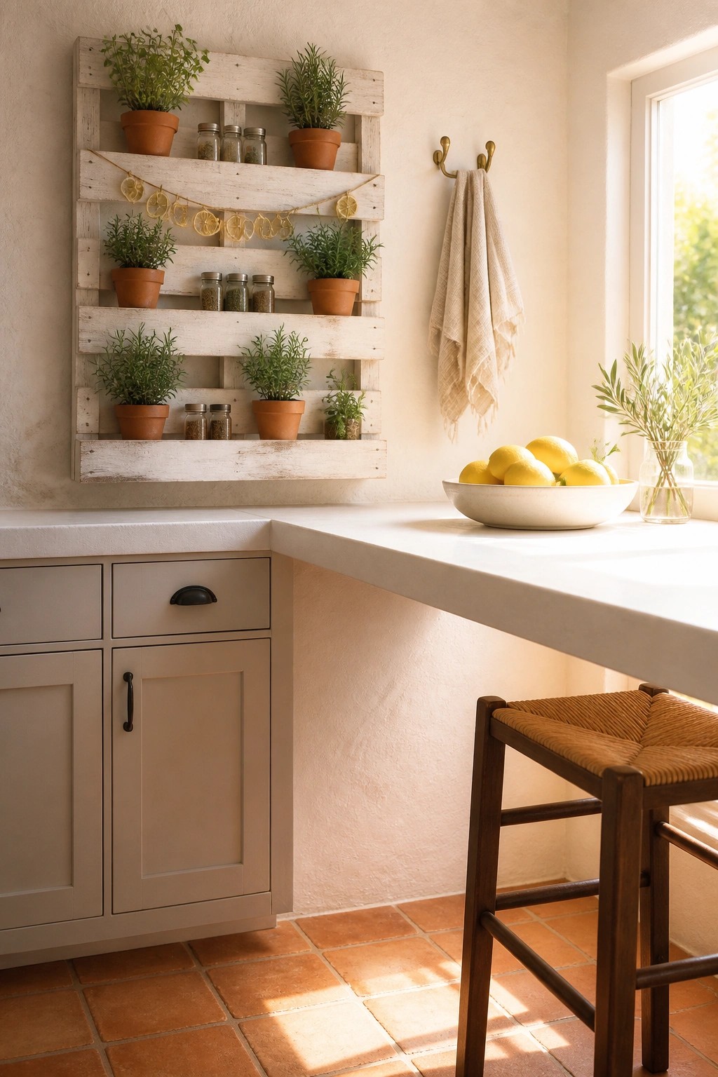 Rustic kitchen with whitewashed herb pallet shelf, lemon bowl, wooden stool, terracotta tiles.