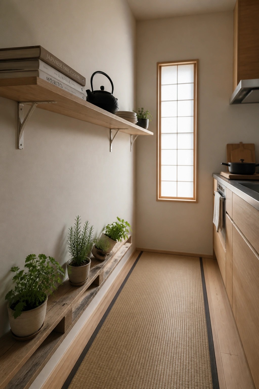 A narrow indoor hallway with a low wooden shelf holding several potted herbs along the baseboard and an upper floating shelf with stacked books and a black teapot, next to a tall shoji-style window.