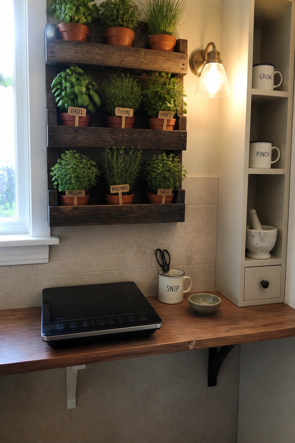 A reclaimed wood pallet herb planter mounted on a kitchen wall above a wooden countertop, holding labeled pots of basil, thyme, mint, oregano, rosemary, and sage next to an induction cooktop.