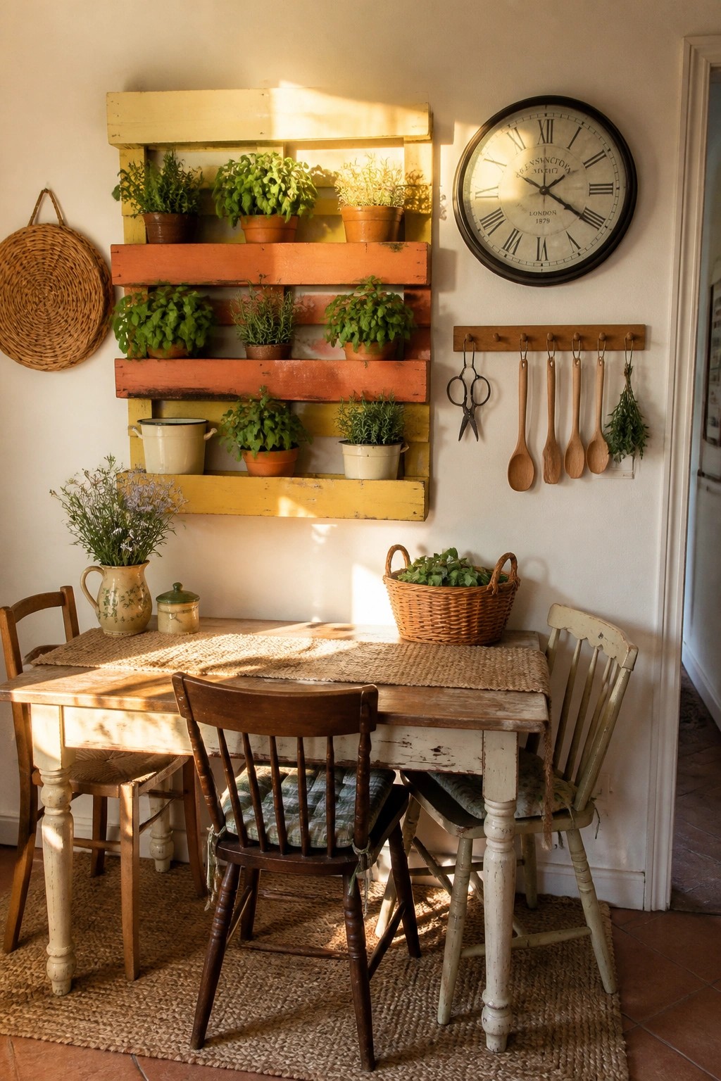 A wooden pallet painted in yellow and orange tones is mounted on a white wall above a dining table, holding multiple small potted herbs.